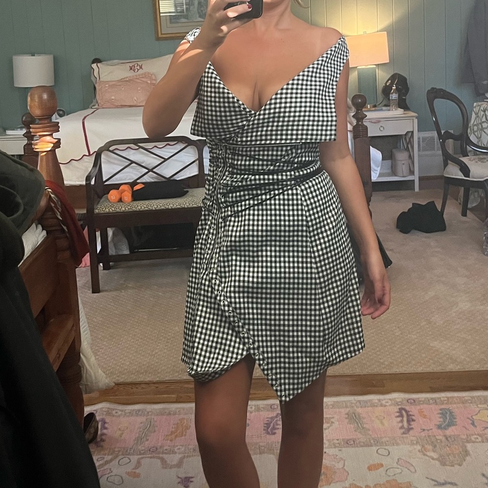 MIAOU GINGHAM STRAPPY ZIP UP ASSYMETRICA DRESS